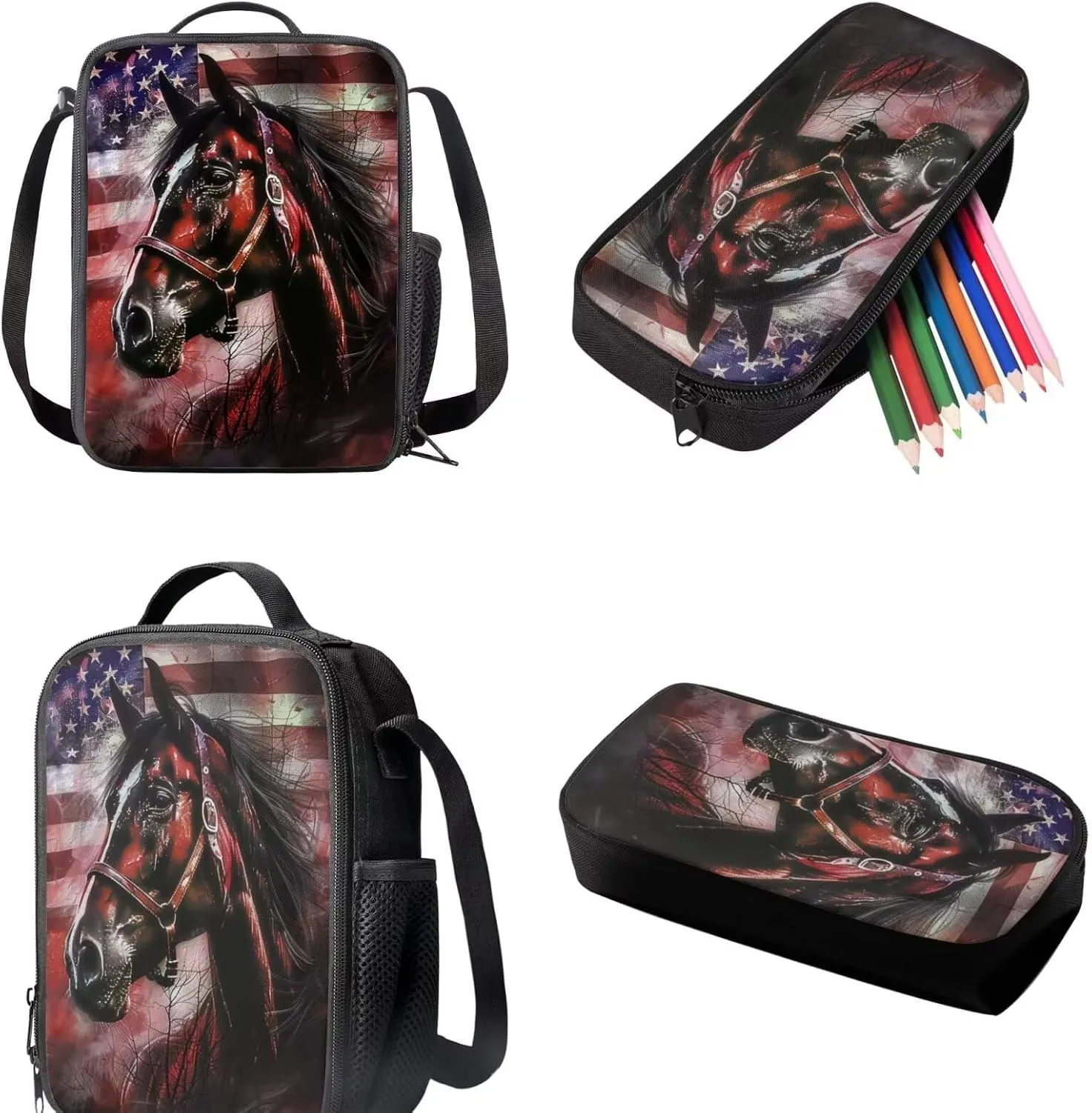 Horse Backpack for Girls School Bag Set for Kids with Lunch Bag and Pencil Case Primary School Bookbag Elementary Students Daypack Knapsack for Teens 3PCS Bookbag Set for Elementary