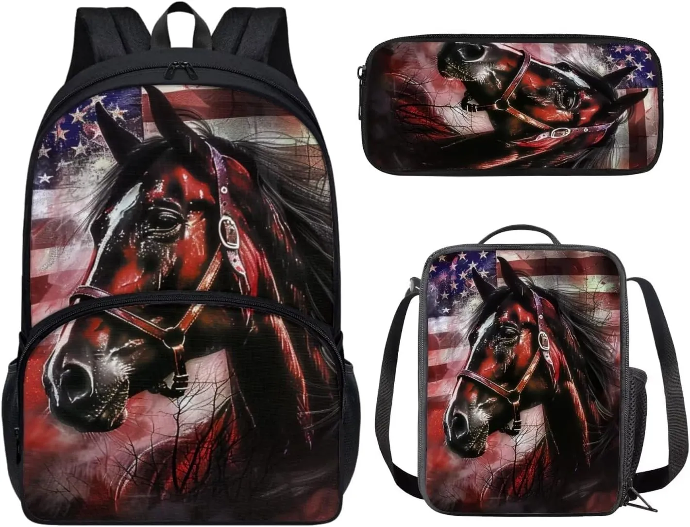 Horse Backpack for Girls School Bag Set for Kids with Lunch Bag and Pencil Case Primary School Bookbag Elementary Students Daypack Knapsack for Teens 3PCS Bookbag Set for Elementary