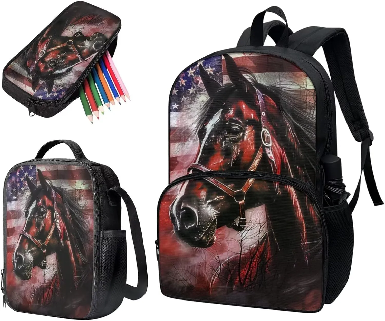 Horse Backpack for Girls School Bag Set for Kids with Lunch Bag and Pencil Case Primary School Bookbag Elementary Students Daypack Knapsack for Teens 3PCS Bookbag Set for Elementary