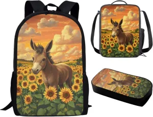 Horse Backpack for School Set Trendy Girl Bookbag with Lunch Box Probable Pencil Case with Zipper for Back to School