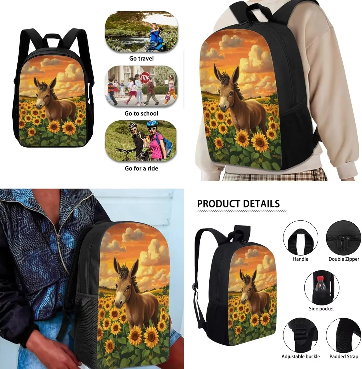 Horse Backpack for School Set Trendy Girl Bookbag with Lunch Box Probable Pencil Case with Zipper for Back to School