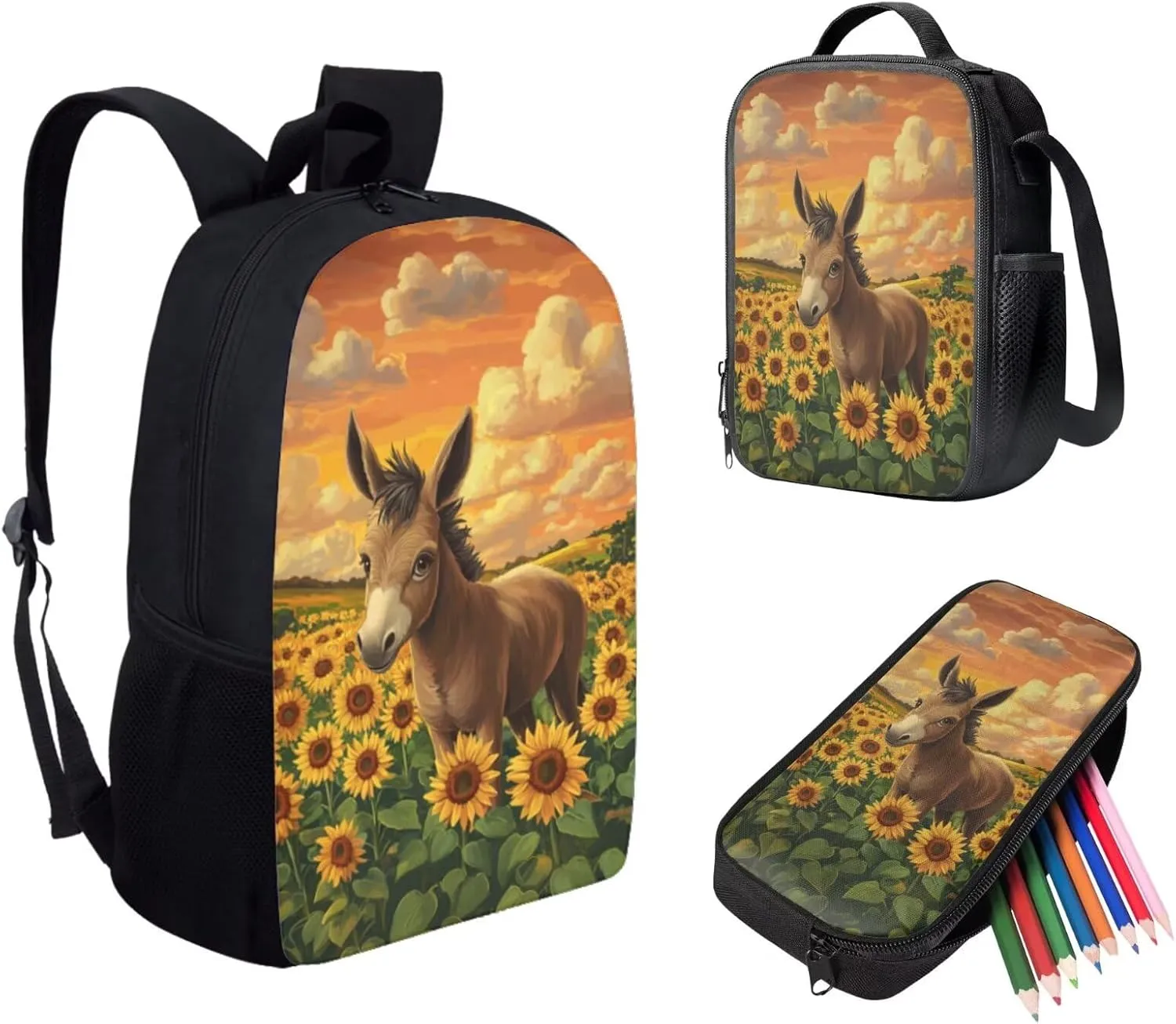 Horse Backpack for School Set Trendy Girl Bookbag with Lunch Box Probable Pencil Case with Zipper for Back to School