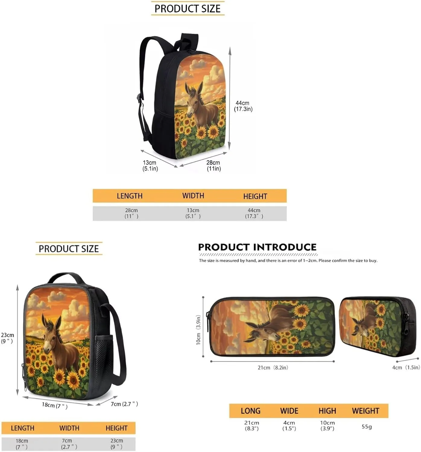 Horse Backpack for School Set Trendy Girl Bookbag with Lunch Box Probable Pencil Case with Zipper for Back to School