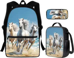 Horse Backpack Set for Girls Boys Kids with Insulated Lunch Box Cute Pencil Case Casual Daypack Shoulder Bags Portable Contain Main Compartment,2 Water Bottle Pockets