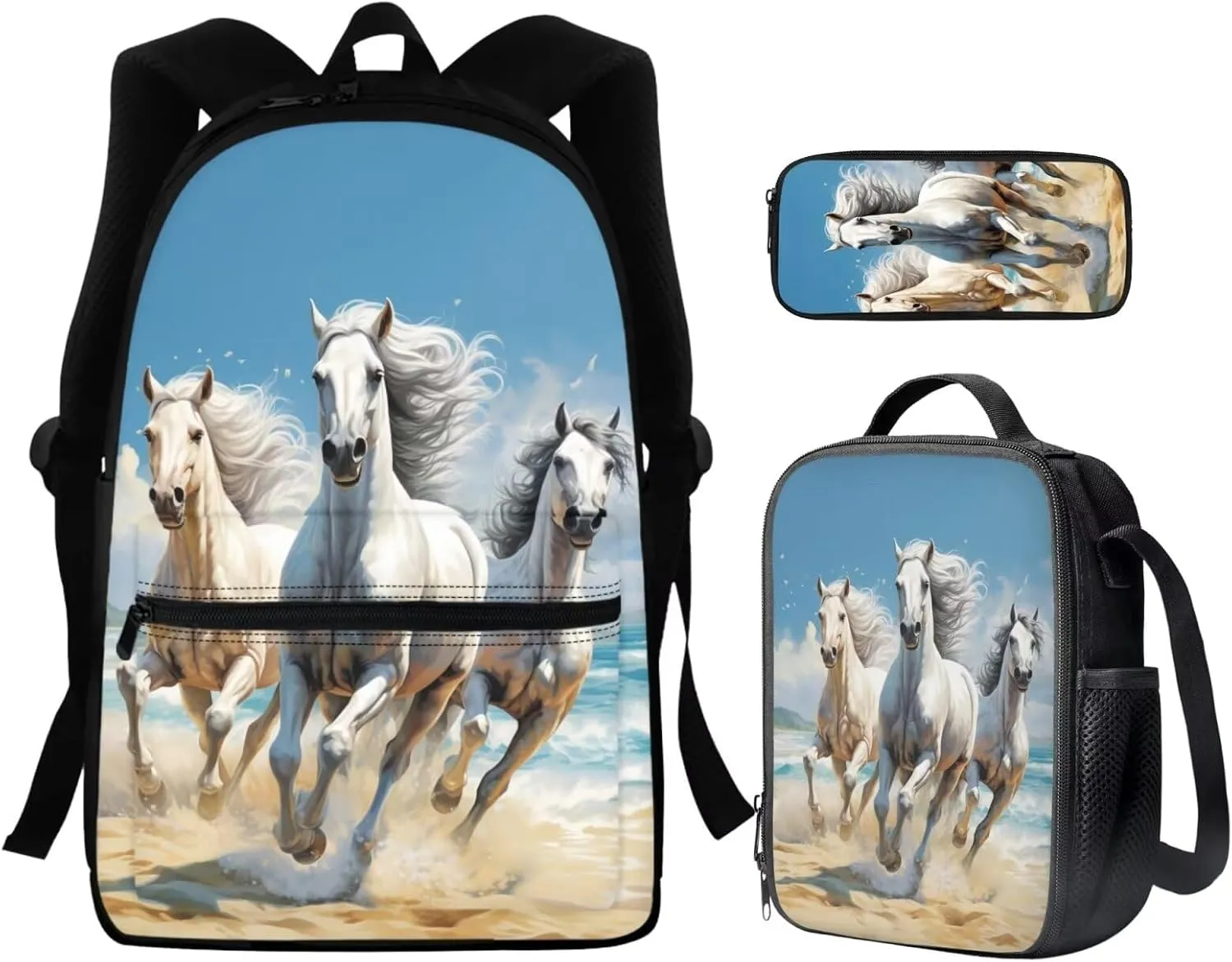 Horse Backpack Set for Girls Boys Kids with Insulated Lunch Box Cute Pencil Case Casual Daypack Shoulder Bags Portable Contain Main Compartment,2 Water Bottle Pockets