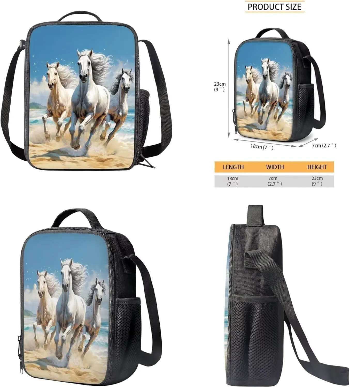 Horse Backpack Set for Girls Boys Kids with Insulated Lunch Box Cute Pencil Case Casual Daypack Shoulder Bags Portable Contain Main Compartment,2 Water Bottle Pockets