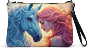 Horse Crossbody Purse, Pretty Woman & Horse Wristlet Fashion Accessory, Fun Pink & Blue Fantasy Art Faux Leather Shoulder Bag