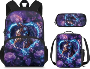 Horse School Backpack for Boys Purple Rose Cute Backpacks for School Girls 6Th School Backpack for Teens Girls High School Kids Travel Handbag with Adjustable Strap for Middle School