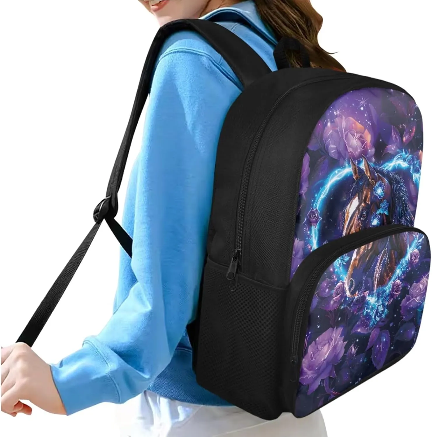 Horse School Backpack for Boys Purple Rose Cute Backpacks for School Girls 6Th School Backpack for Teens Girls High School Kids Travel Handbag with Adjustable Strap for Middle School