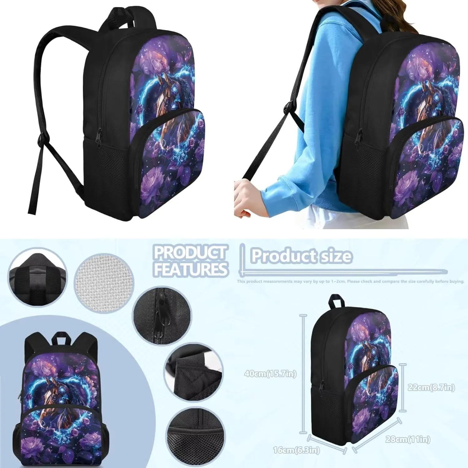 Horse School Backpack for Boys Purple Rose Cute Backpacks for School Girls 6Th School Backpack for Teens Girls High School Kids Travel Handbag with Adjustable Strap for Middle School