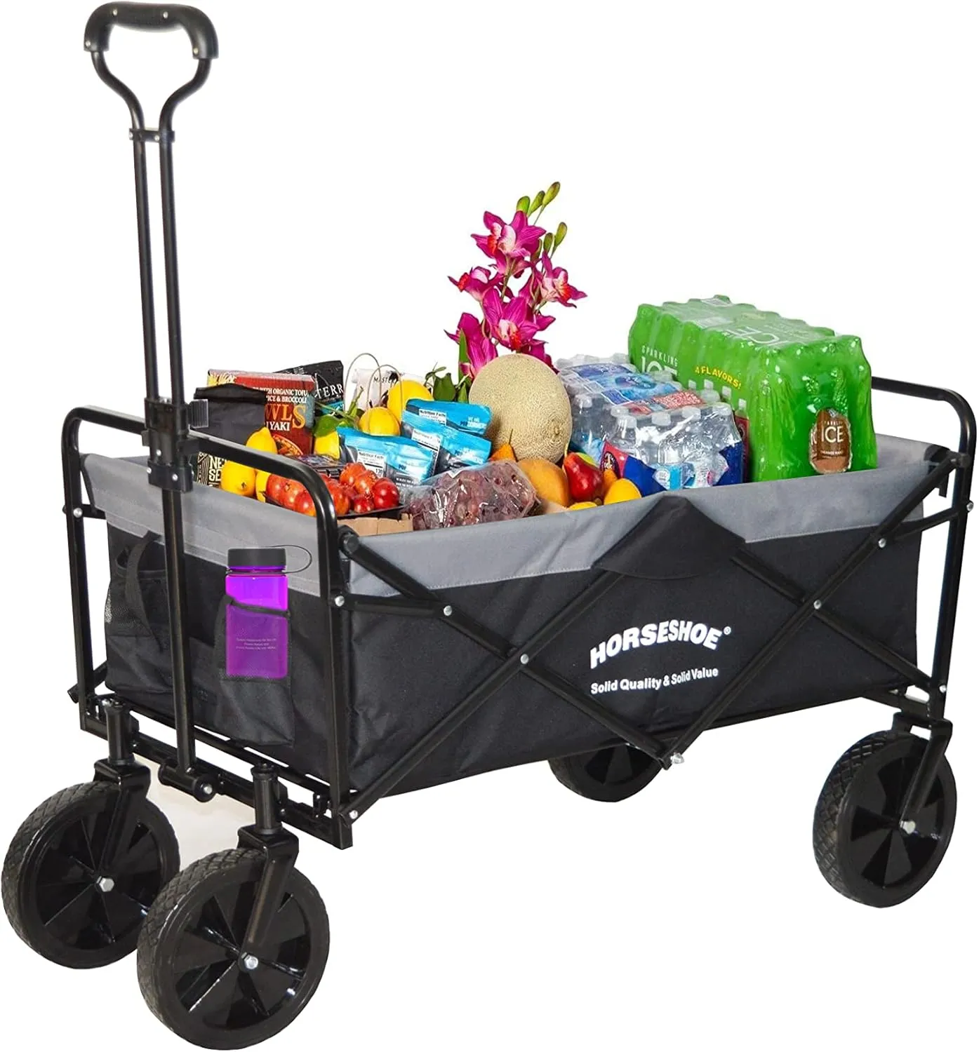 HORSESHOE Heavy Duty Max. Load 300LBS Collapsible Folding Utility Wagon Carts w/Flat Free Tires, Safety Belt & Folded Storage Bag for Sporting Camping Shopping Travel Picnic (Black)