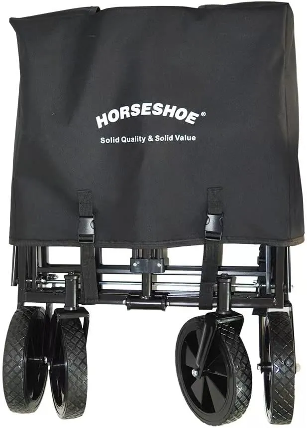 HORSESHOE Heavy Duty Max. Load 300LBS Collapsible Folding Utility Wagon Carts w/Flat Free Tires, Safety Belt & Folded Storage Bag for Sporting Camping Shopping Travel Picnic (Black)