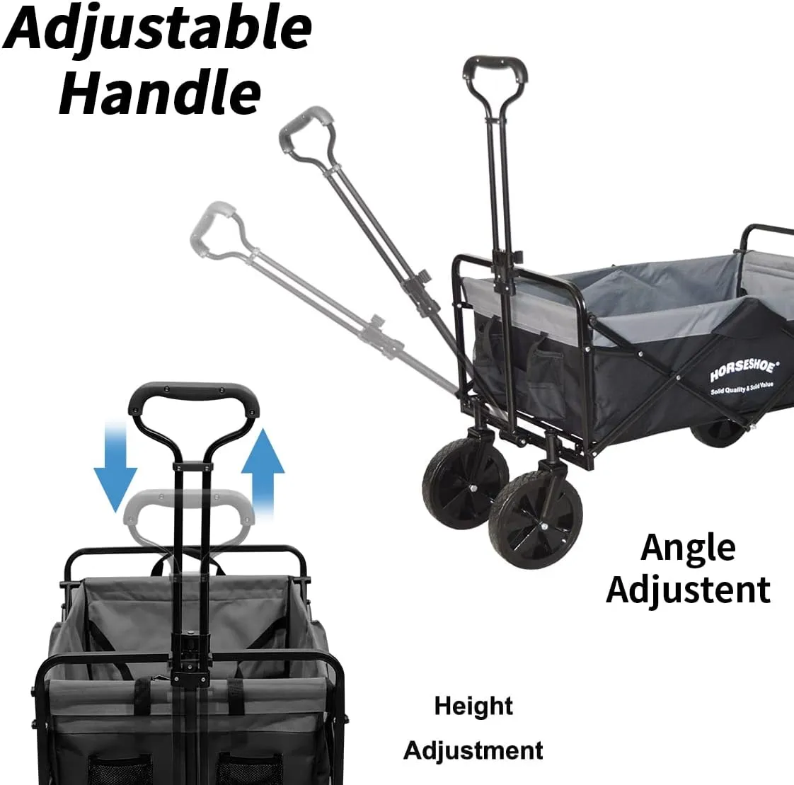 HORSESHOE Heavy Duty Max. Load 300LBS Collapsible Folding Utility Wagon Carts w/Flat Free Tires, Safety Belt & Folded Storage Bag for Sporting Camping Shopping Travel Picnic (Black)