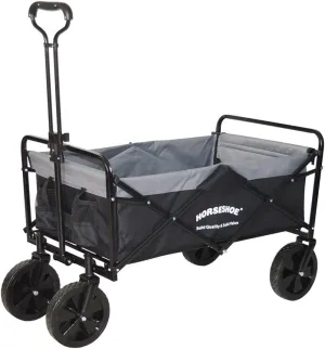 HORSESHOE Heavy Duty Max. Load 300LBS Collapsible Folding Utility Wagon Carts w/Flat Free Tires, Safety Belt & Folded Storage Bag for Sporting Camping Shopping Travel Picnic (Black)