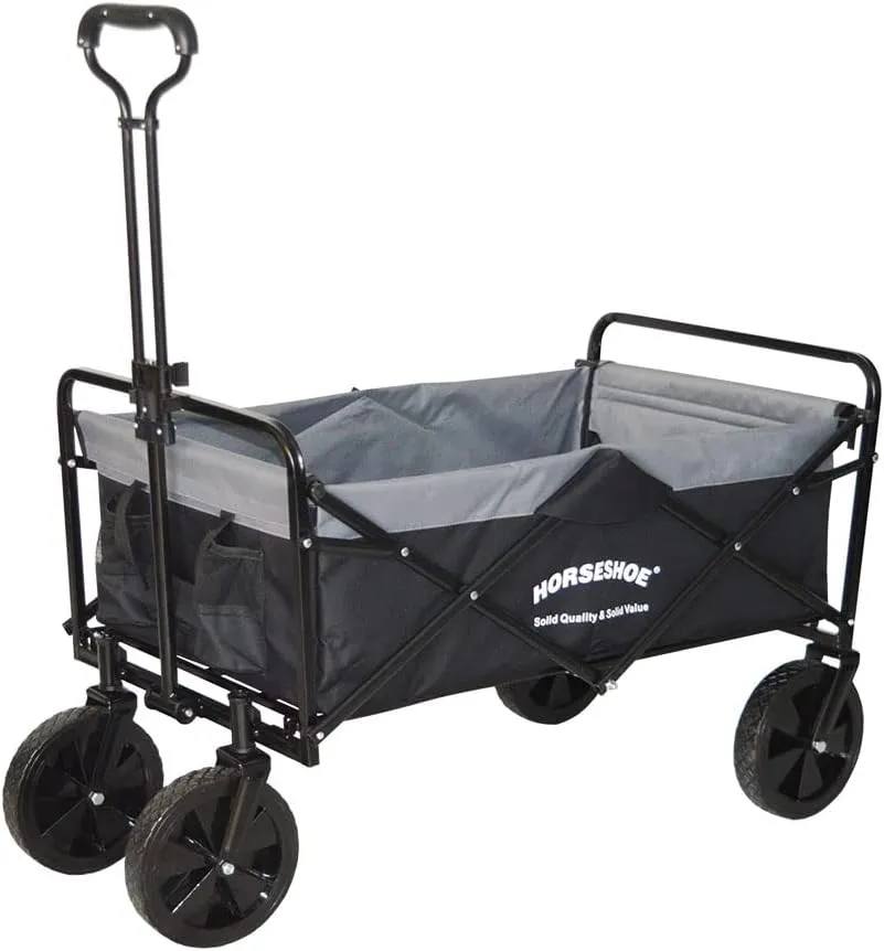 HORSESHOE Heavy Duty Max. Load 300LBS Collapsible Folding Utility Wagon Carts w/Flat Free Tires, Safety Belt & Folded Storage Bag for Sporting Camping Shopping Travel Picnic (Black)