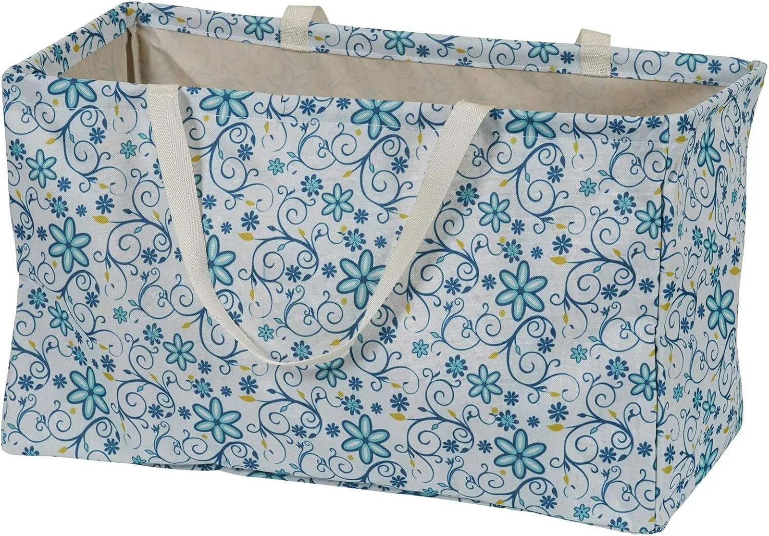 Household Essentials Krush Container All-Purpose Utility Tote, Water-Resistant Vinyl Lining, Blue Floral Pattern