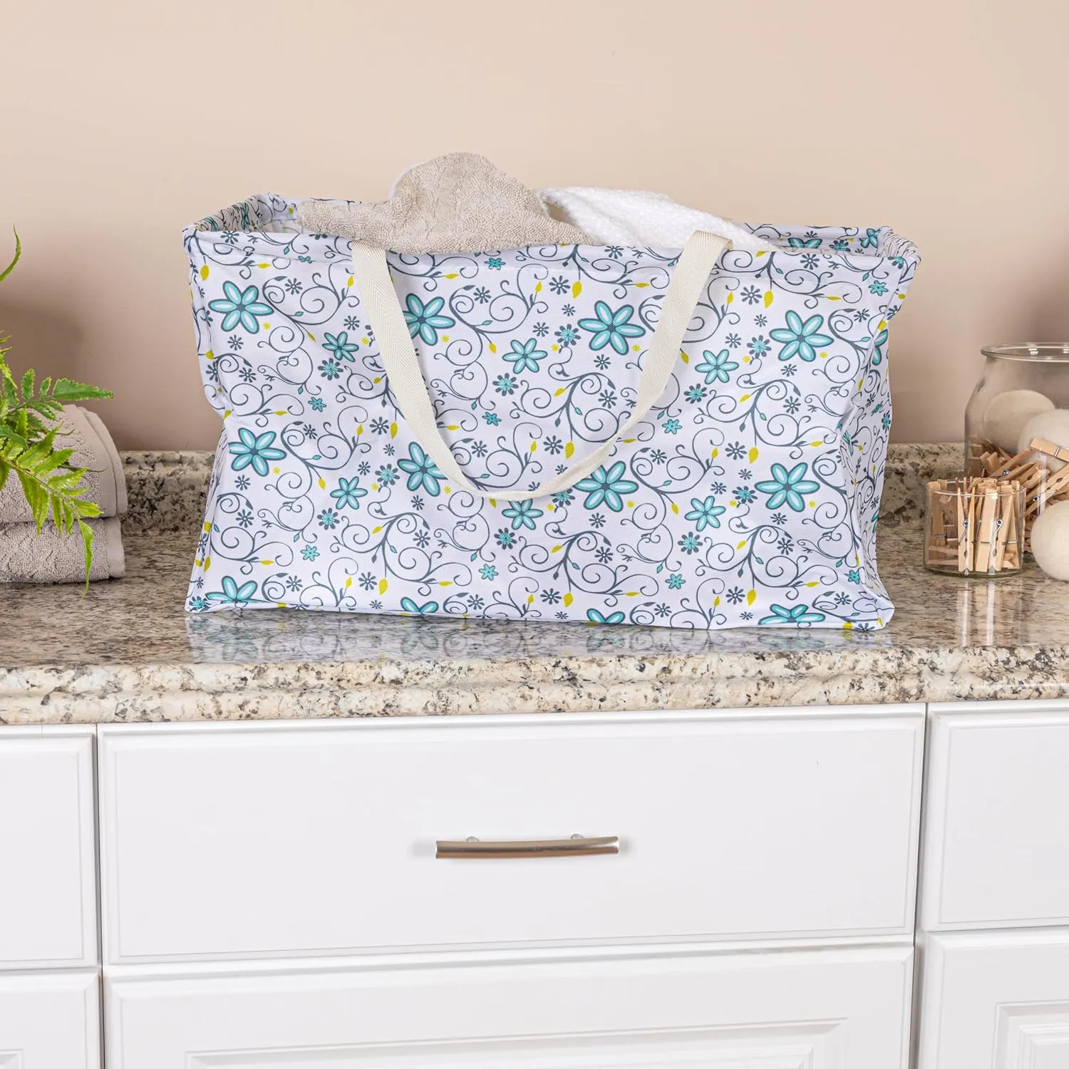 Household Essentials Krush Container All-Purpose Utility Tote, Water-Resistant Vinyl Lining, Blue Floral Pattern