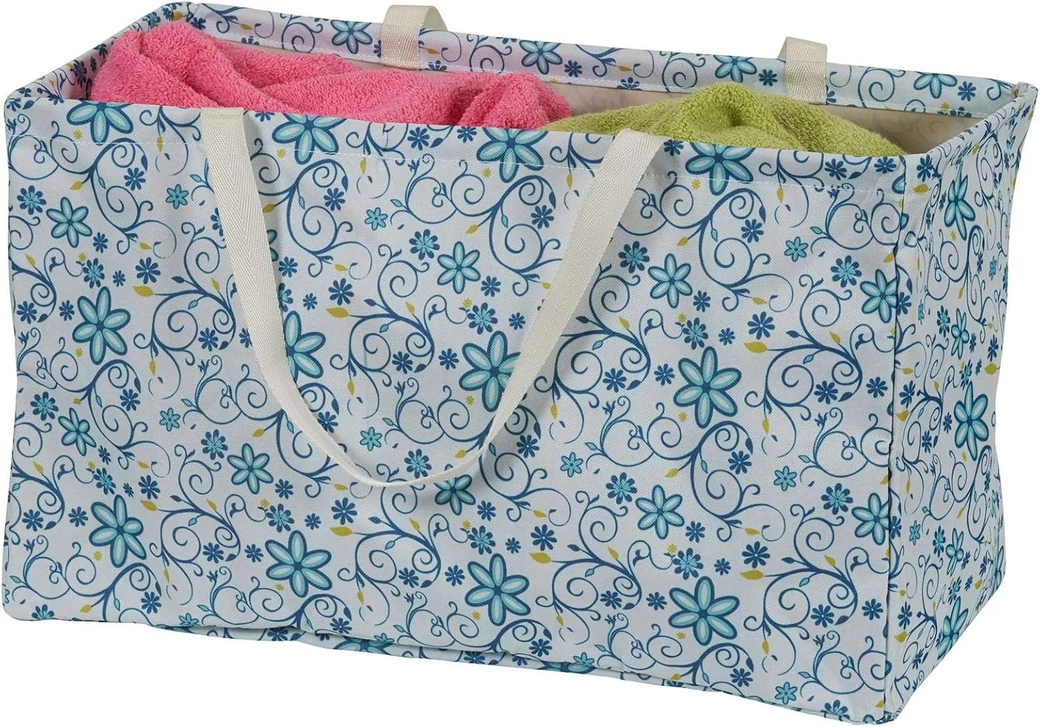 Household Essentials Krush Container All-Purpose Utility Tote, Water-Resistant Vinyl Lining, Blue Floral Pattern