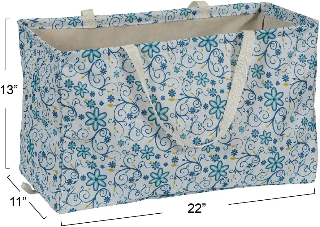 Household Essentials Krush Container All-Purpose Utility Tote, Water-Resistant Vinyl Lining, Blue Floral Pattern