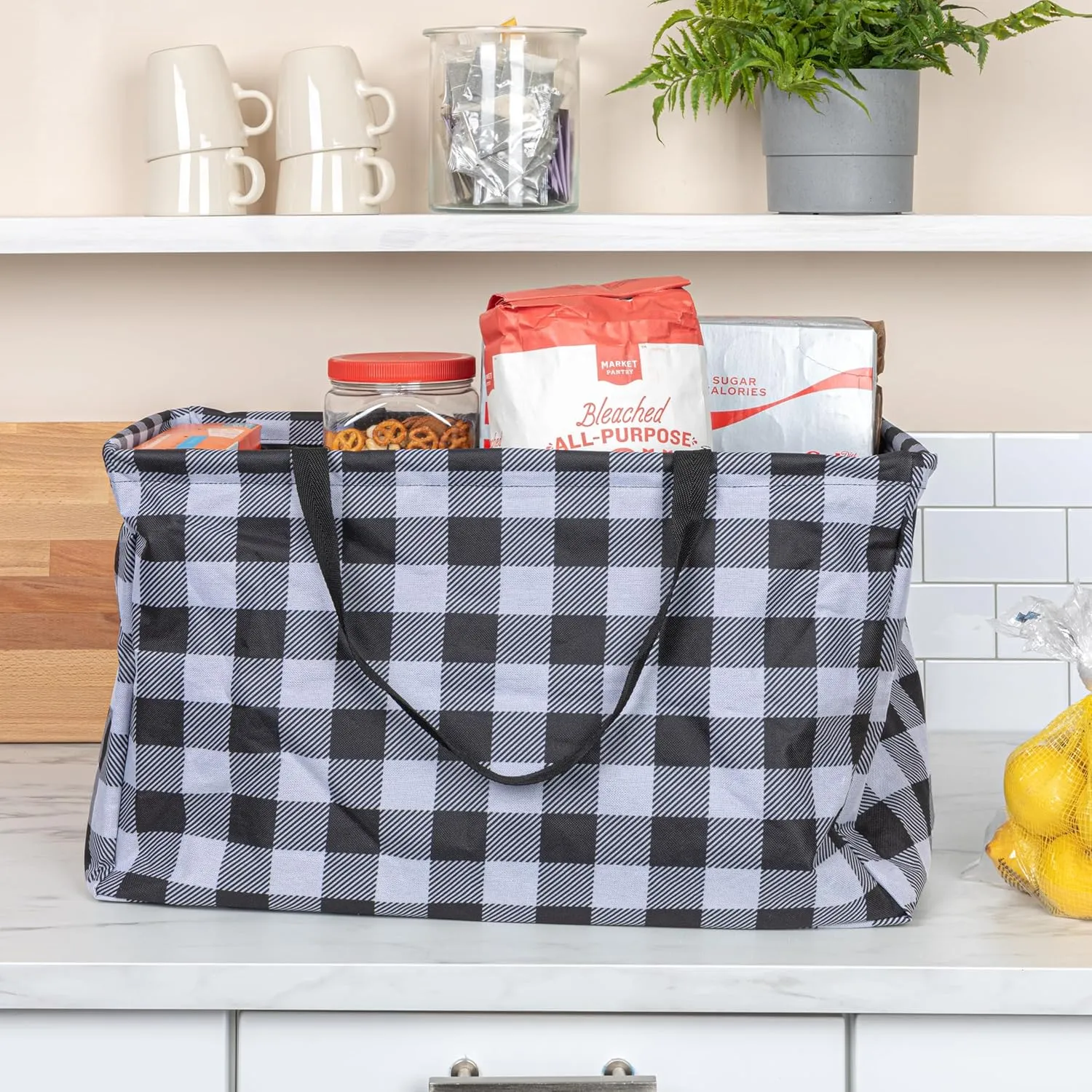 Household Essentials Krush Container All-Purpose Utility Tote, Water-Resistant Vinyl Lining, Buffalo Plaid