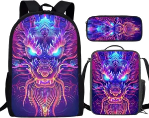 Howilath Backpack for Boys Angry Purple Dragon Pattern School Bag Kids Bookbag Teen Backpack Set Daypack with Lunch Bag and Pencil Case