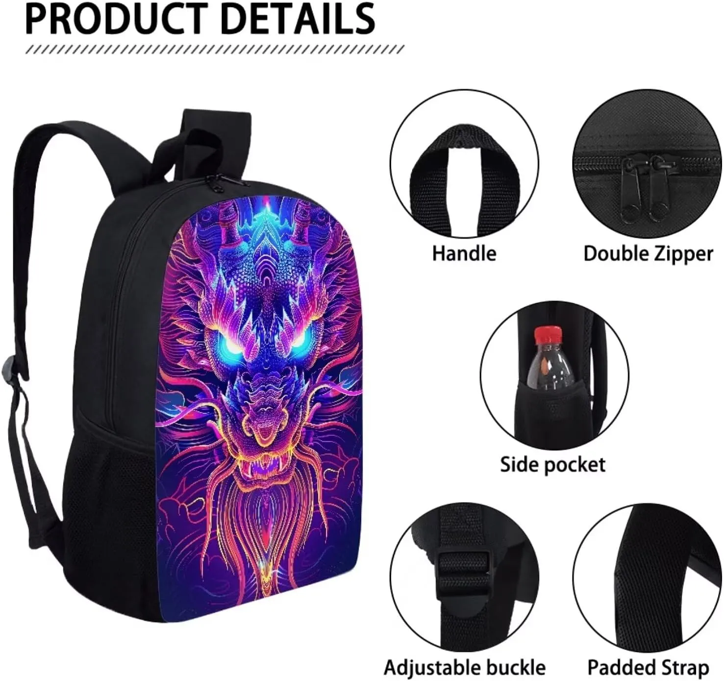 Howilath Backpack for Boys Angry Purple Dragon Pattern School Bag Kids Bookbag Teen Backpack Set Daypack with Lunch Bag and Pencil Case
