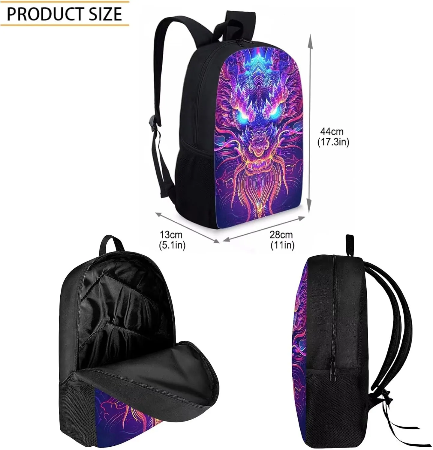 Howilath Backpack for Boys Angry Purple Dragon Pattern School Bag Kids Bookbag Teen Backpack Set Daypack with Lunch Bag and Pencil Case