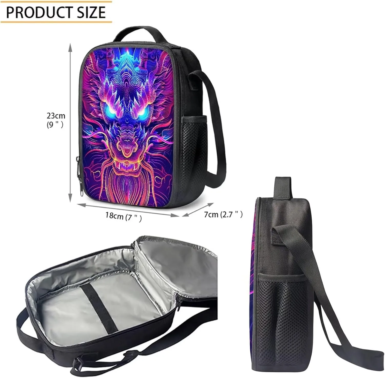 Howilath Backpack for Boys Angry Purple Dragon Pattern School Bag Kids Bookbag Teen Backpack Set Daypack with Lunch Bag and Pencil Case