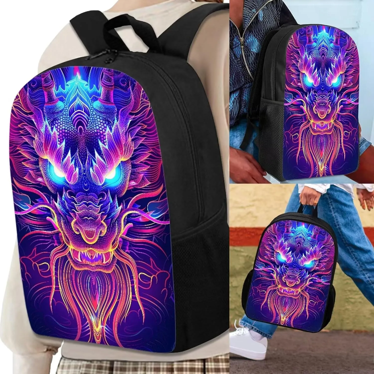 Howilath Backpack for Boys Angry Purple Dragon Pattern School Bag Kids Bookbag Teen Backpack Set Daypack with Lunch Bag and Pencil Case