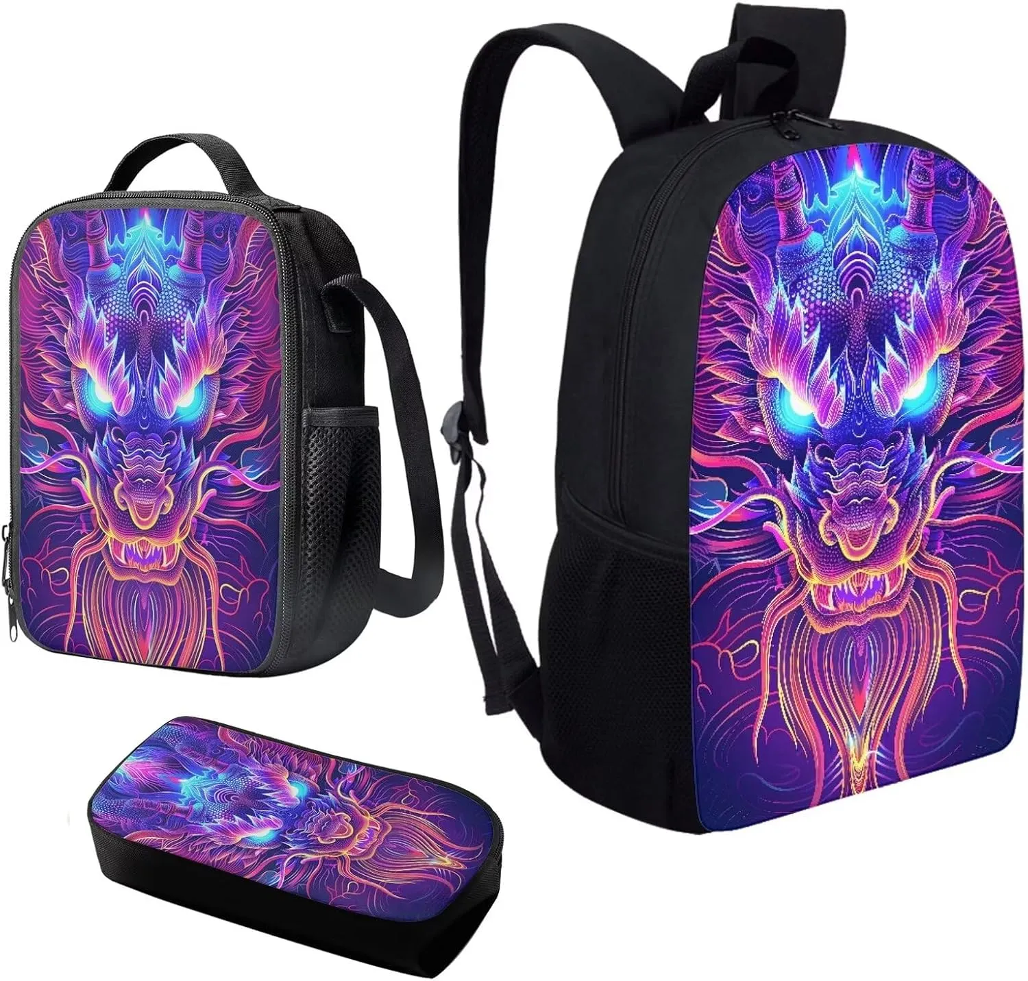 Howilath Backpack for Boys Angry Purple Dragon Pattern School Bag Kids Bookbag Teen Backpack Set Daypack with Lunch Bag and Pencil Case