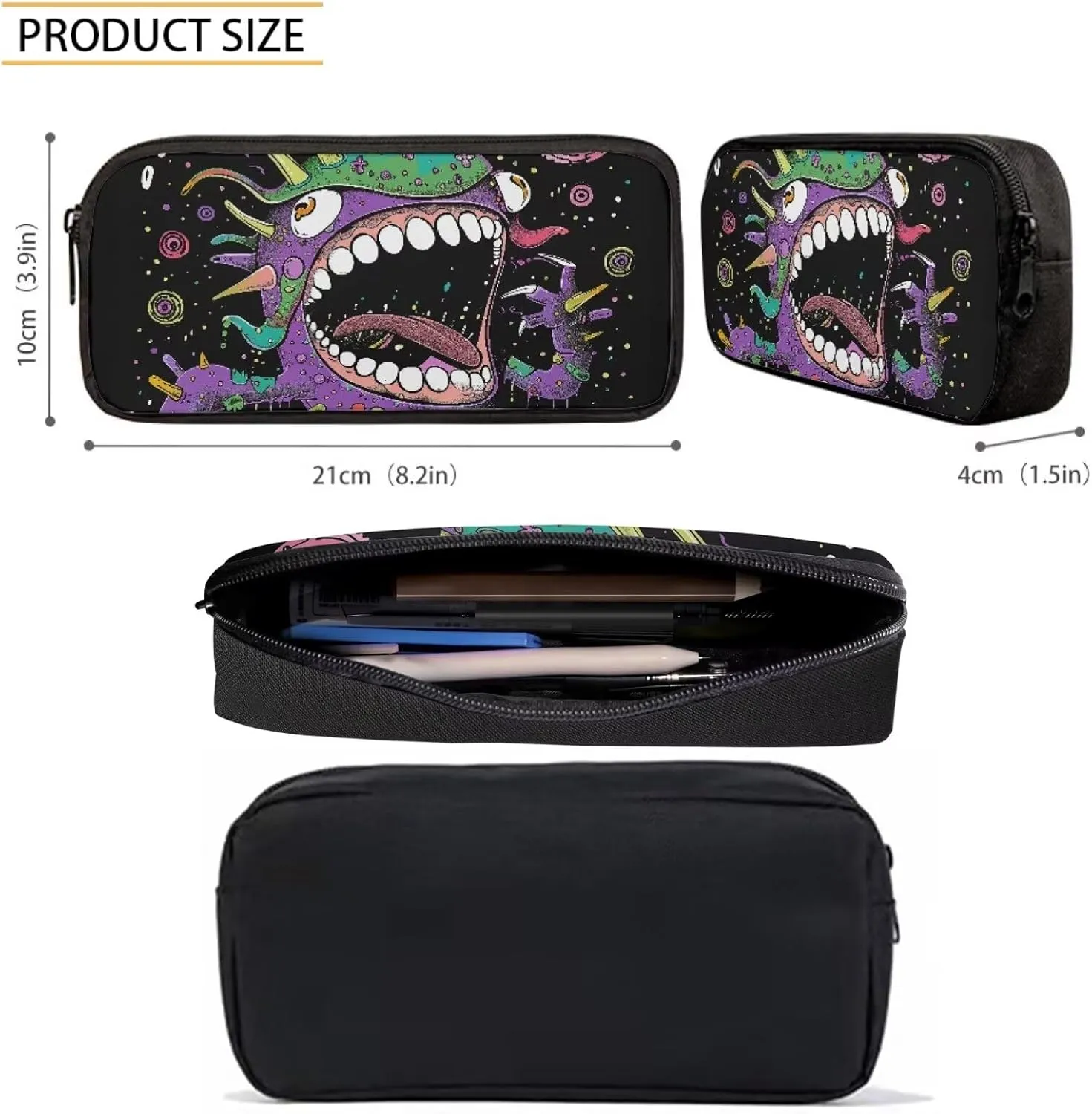 Howilath Big Head Monster Pattern 3 PCS Canvas Daypack Casual School Bag for Boys, Kids 17 Inch Backpack Set Teen Shoulder Bags Insulated Lunchbox with Pencil Case