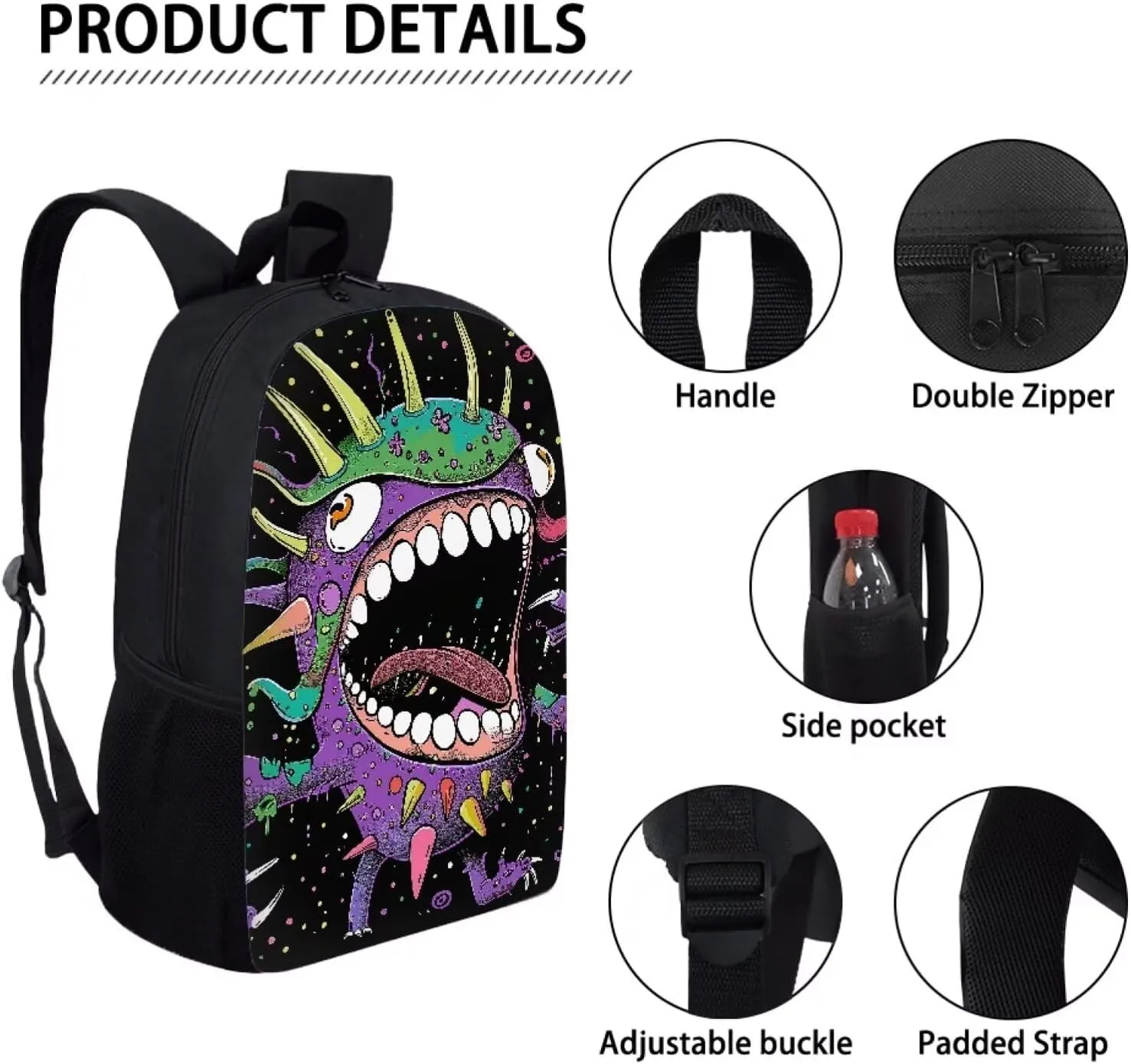 Howilath Big Head Monster Pattern 3 PCS Canvas Daypack Casual School Bag for Boys, Kids 17 Inch Backpack Set Teen Shoulder Bags Insulated Lunchbox with Pencil Case