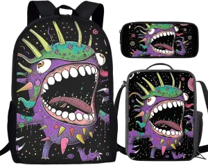 Howilath Big Head Monster Pattern 3 PCS Canvas Daypack Casual School Bag for Boys, Kids 17 Inch Backpack Set Teen Shoulder Bags Insulated Lunchbox with Pencil Case