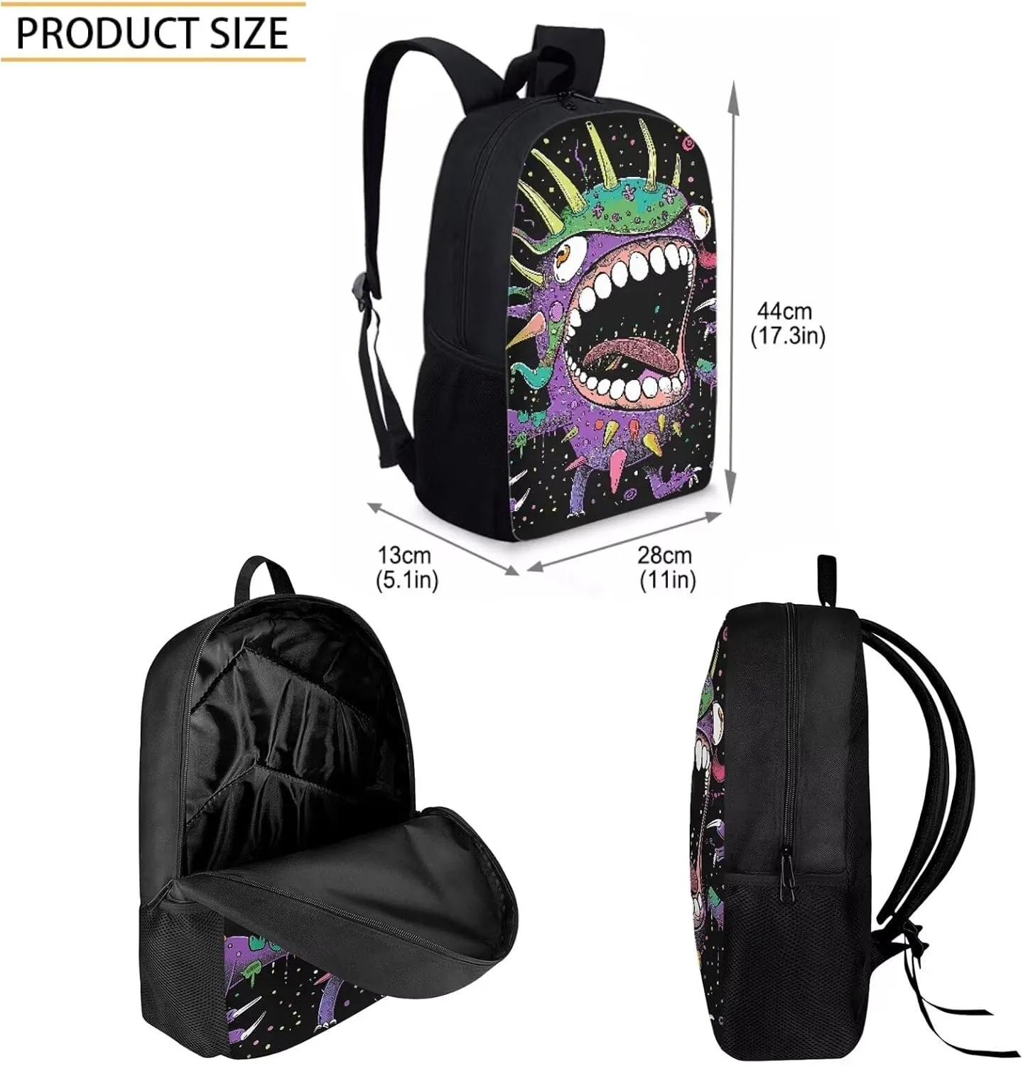 Howilath Big Head Monster Pattern 3 PCS Canvas Daypack Casual School Bag for Boys, Kids 17 Inch Backpack Set Teen Shoulder Bags Insulated Lunchbox with Pencil Case
