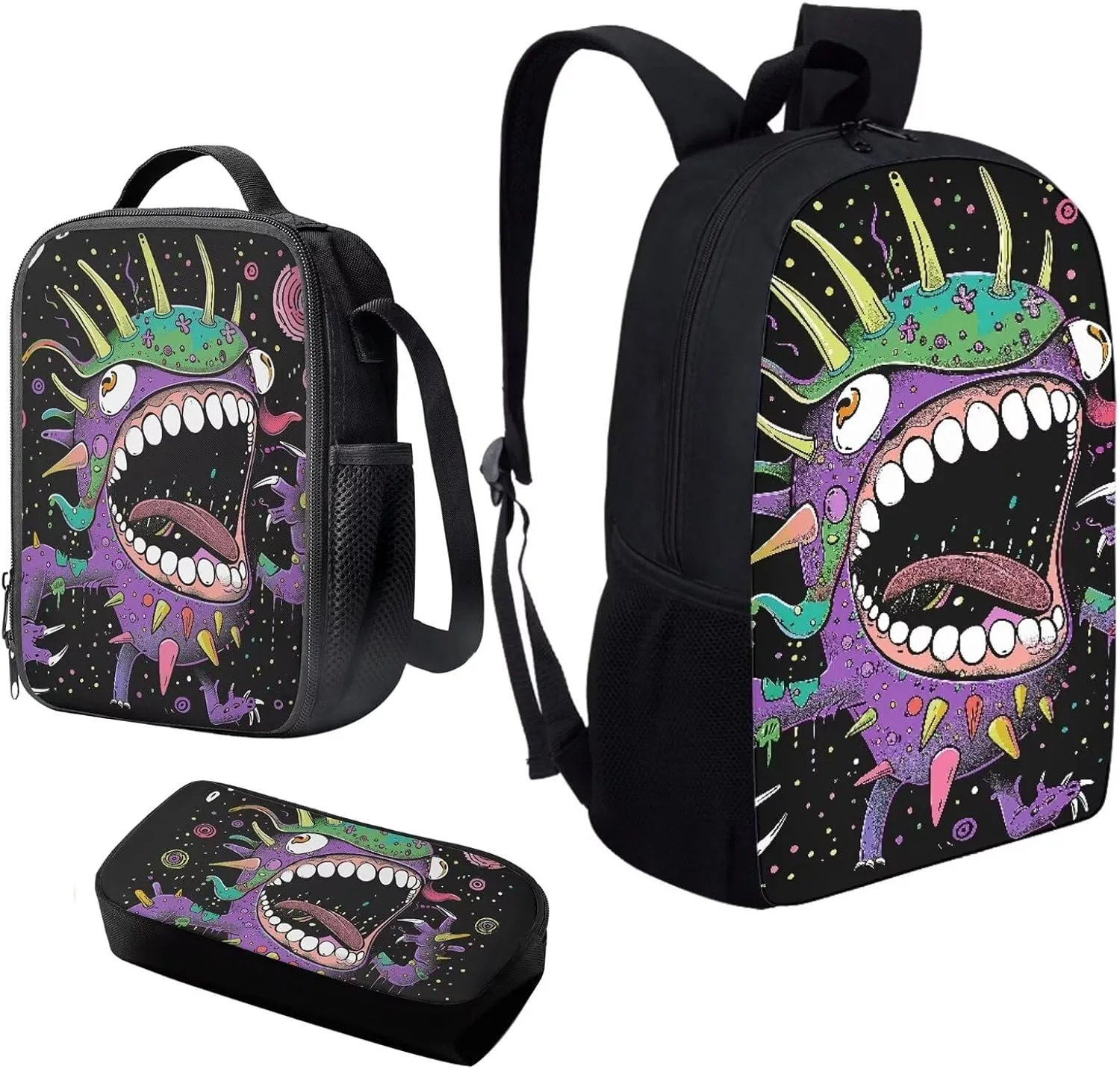 Howilath Big Head Monster Pattern 3 PCS Canvas Daypack Casual School Bag for Boys, Kids 17 Inch Backpack Set Teen Shoulder Bags Insulated Lunchbox with Pencil Case