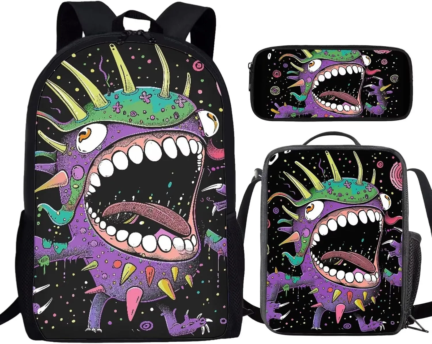 Howilath Big Head Monster Pattern 3 PCS Canvas Daypack Casual School Bag for Boys, Kids 17 Inch Backpack Set Teen Shoulder Bags Insulated Lunchbox with Pencil Case