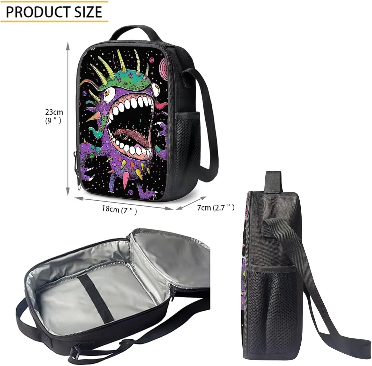Howilath Big Head Monster Pattern 3 PCS Canvas Daypack Casual School Bag for Boys, Kids 17 Inch Backpack Set Teen Shoulder Bags Insulated Lunchbox with Pencil Case