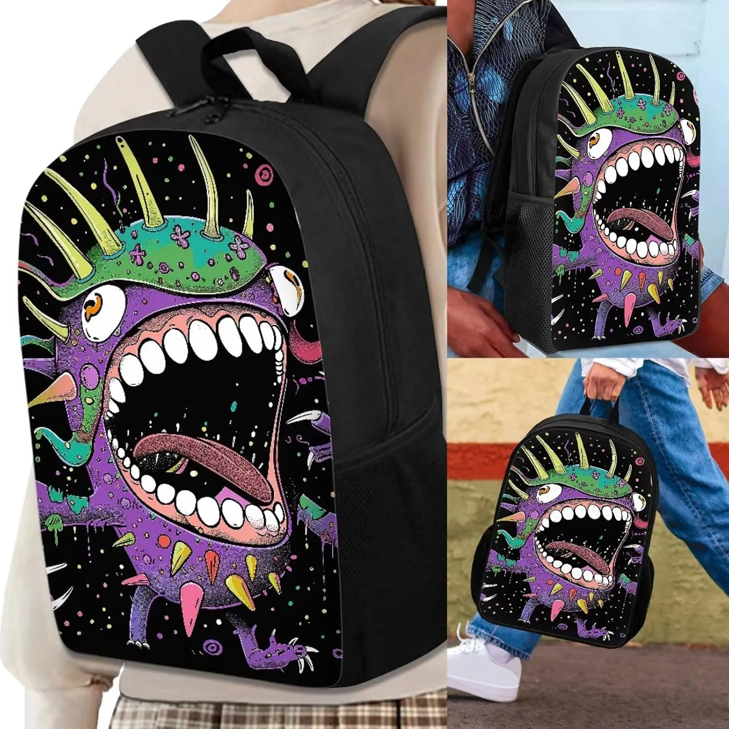 Howilath Big Head Monster Pattern 3 PCS Canvas Daypack Casual School Bag for Boys, Kids 17 Inch Backpack Set Teen Shoulder Bags Insulated Lunchbox with Pencil Case
