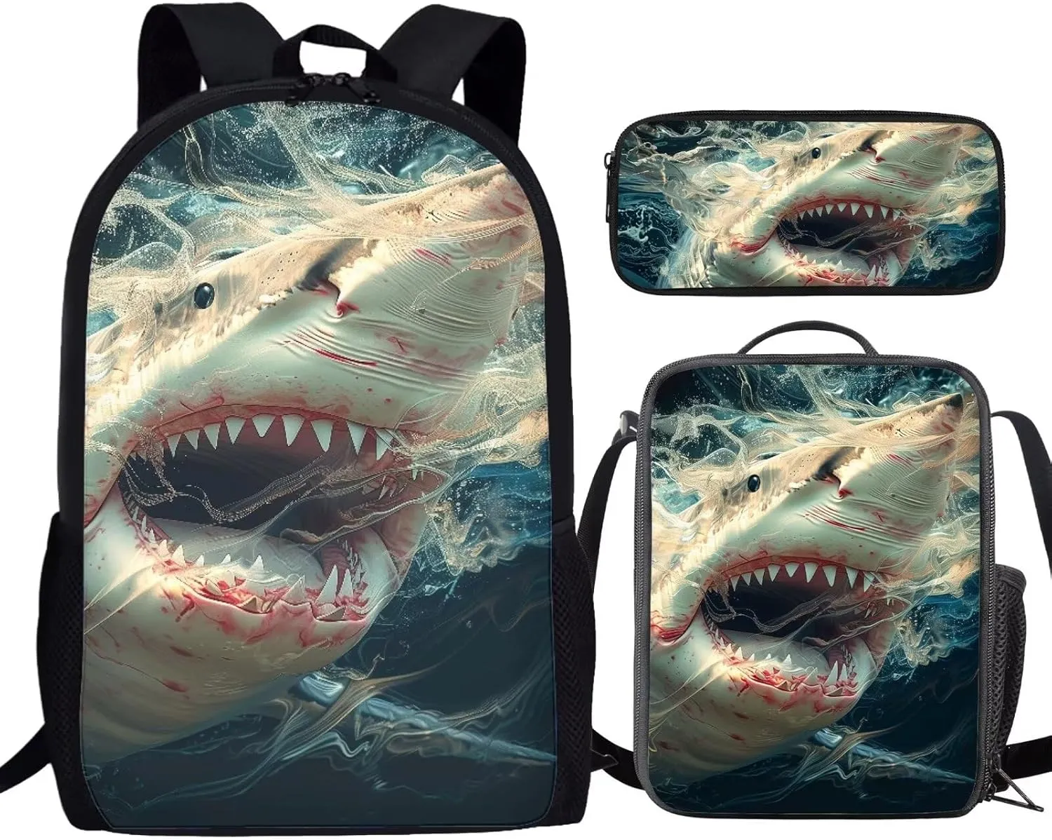 Howilath Crazy Shark Print School Backpack for Boys Backpack Set 3 Pieces with Lunchbox Pencilcase, 17 Inch Animal Backpack Childern School Bag Set Bookbag