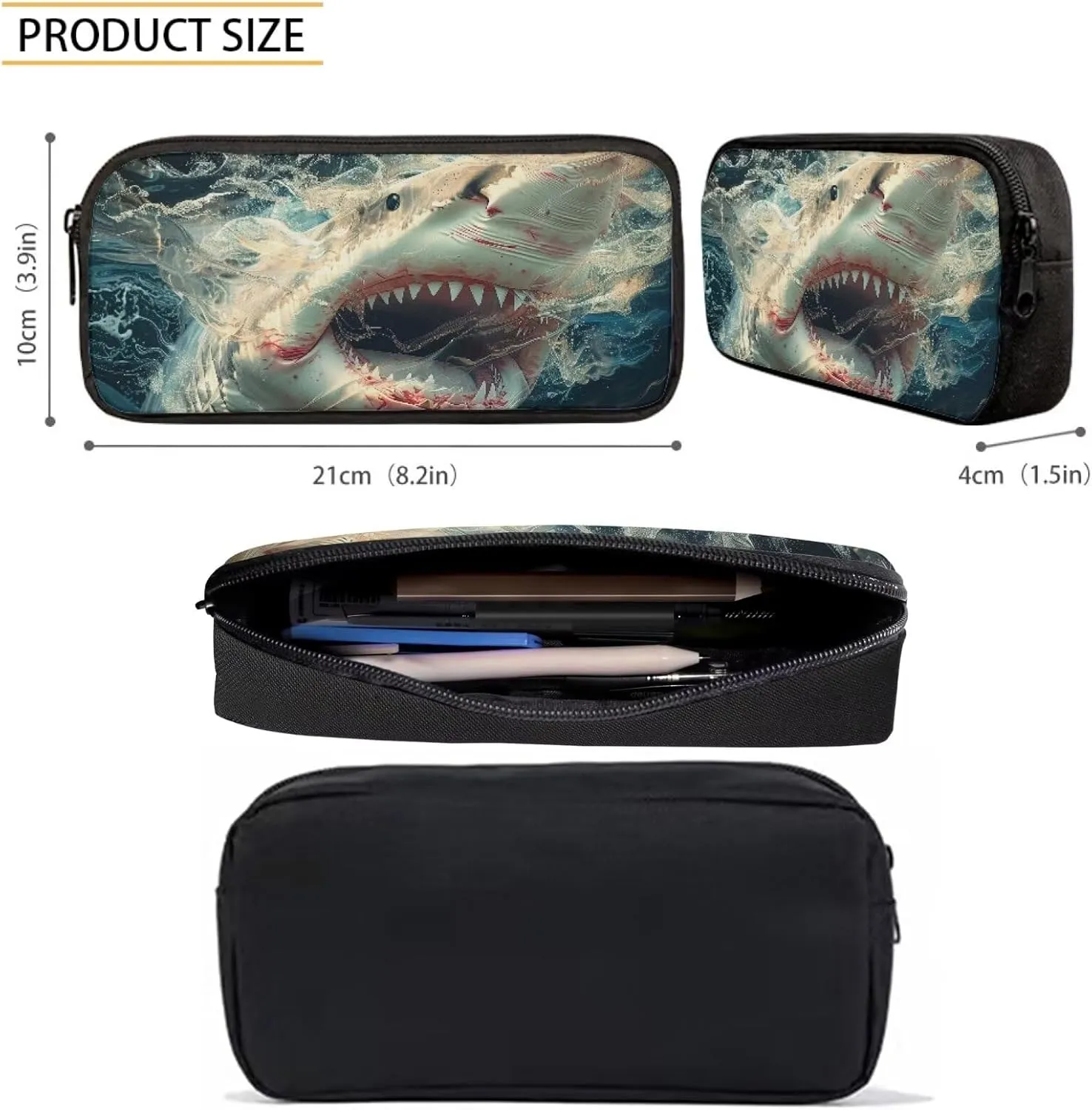 Howilath Crazy Shark Print School Backpack for Boys Backpack Set 3 Pieces with Lunchbox Pencilcase, 17 Inch Animal Backpack Childern School Bag Set Bookbag