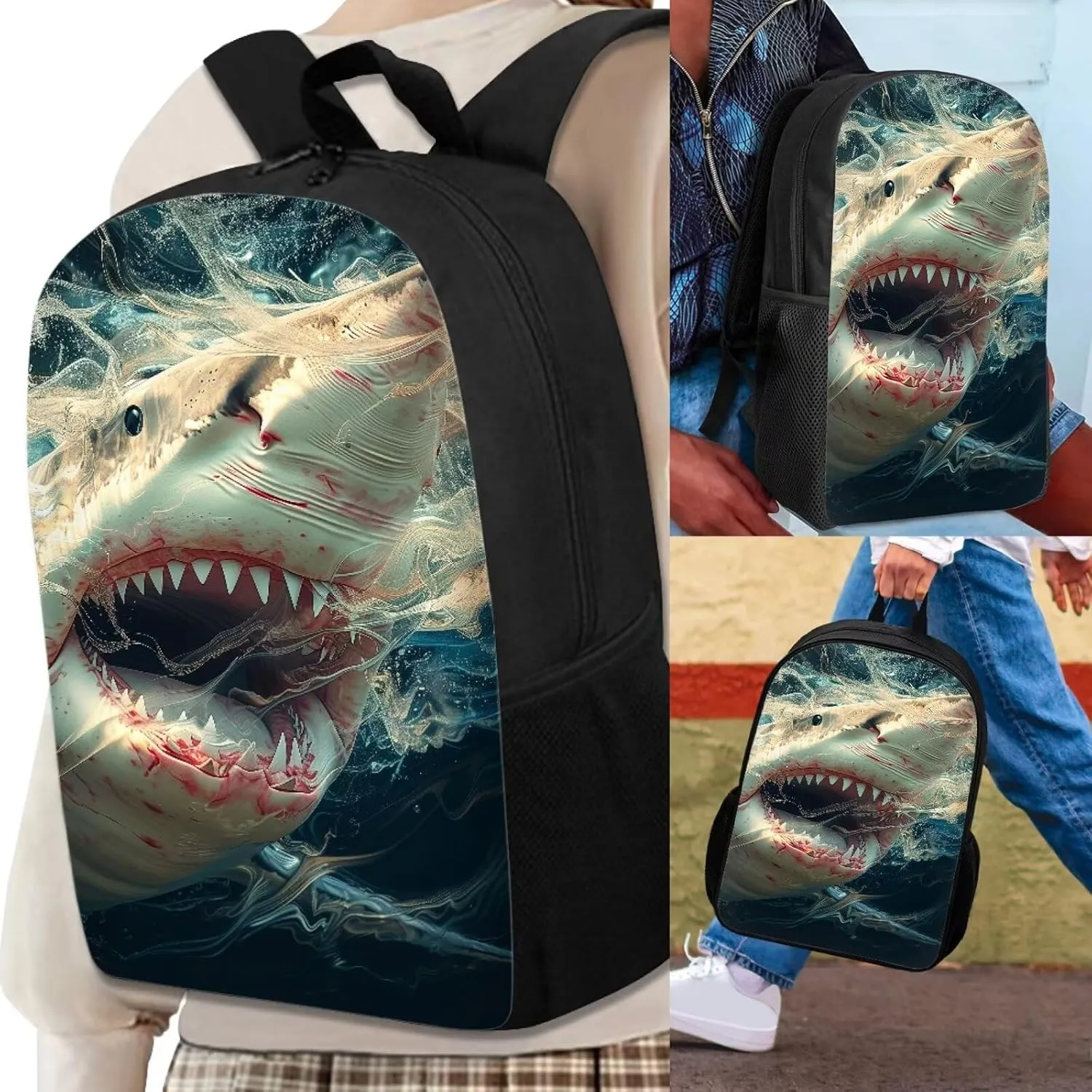 Howilath Crazy Shark Print School Backpack for Boys Backpack Set 3 Pieces with Lunchbox Pencilcase, 17 Inch Animal Backpack Childern School Bag Set Bookbag