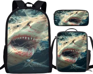 Howilath Crazy Shark Print School Backpack for Boys Backpack Set 3 Pieces with Lunchbox Pencilcase, 17 Inch Animal Backpack Childern School Bag Set Bookbag