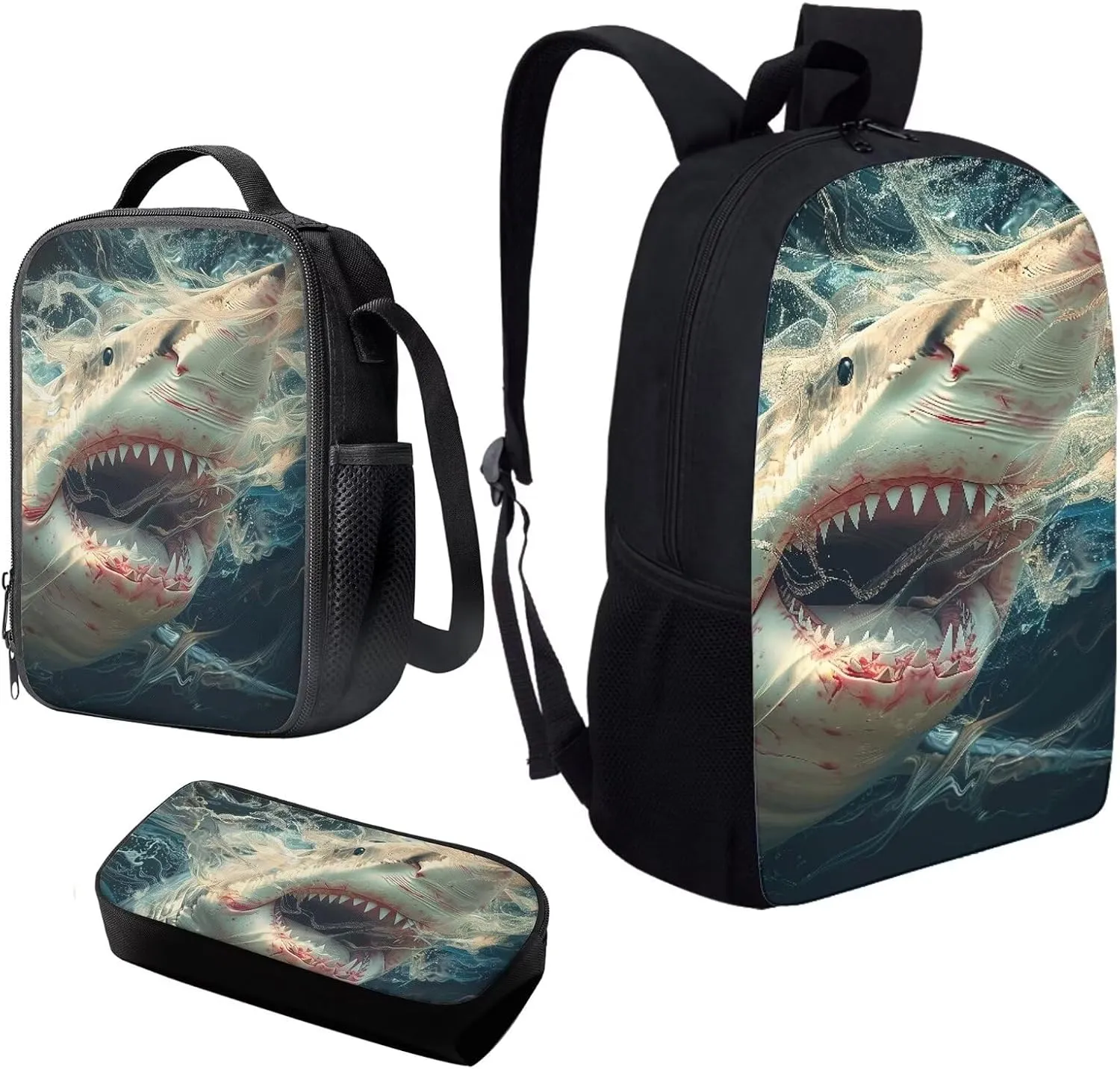 Howilath Crazy Shark Print School Backpack for Boys Backpack Set 3 Pieces with Lunchbox Pencilcase, 17 Inch Animal Backpack Childern School Bag Set Bookbag