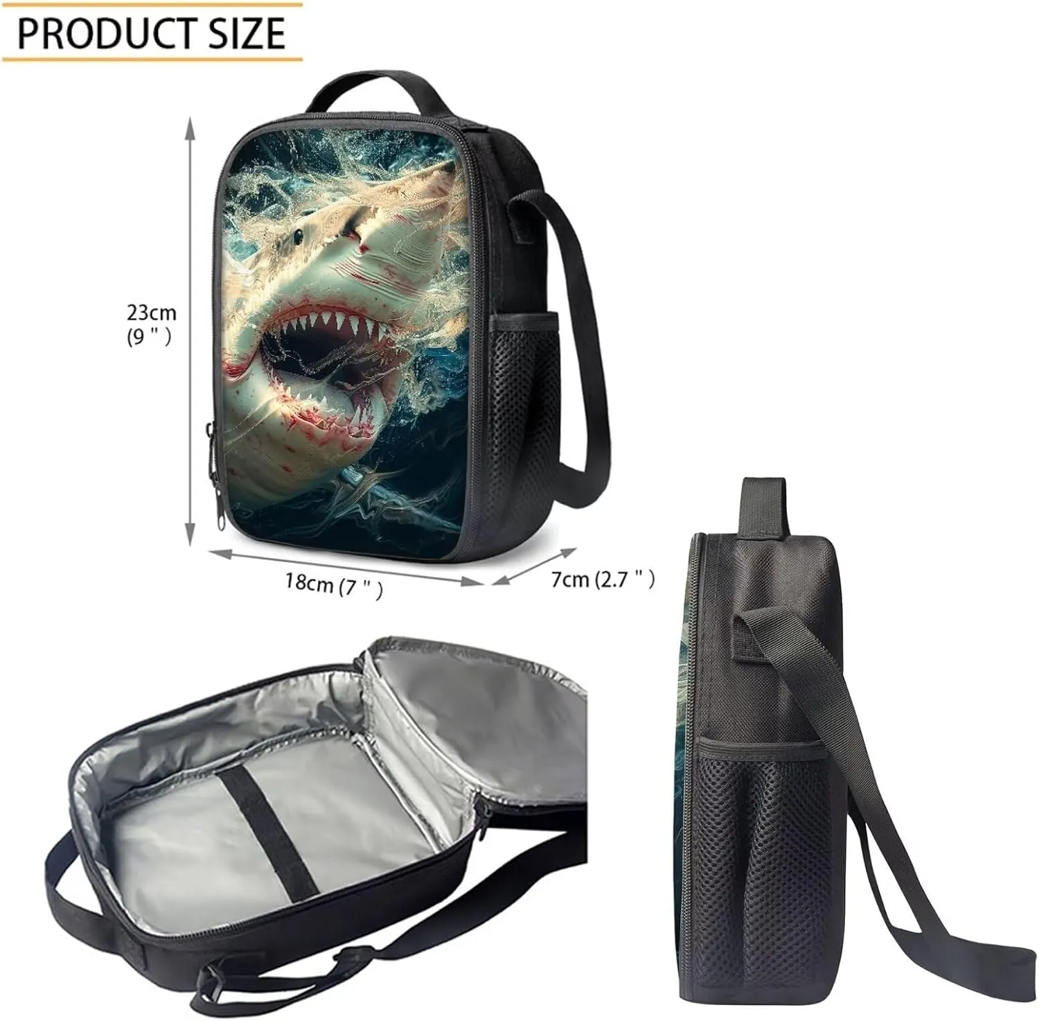 Howilath Crazy Shark Print School Backpack for Boys Backpack Set 3 Pieces with Lunchbox Pencilcase, 17 Inch Animal Backpack Childern School Bag Set Bookbag