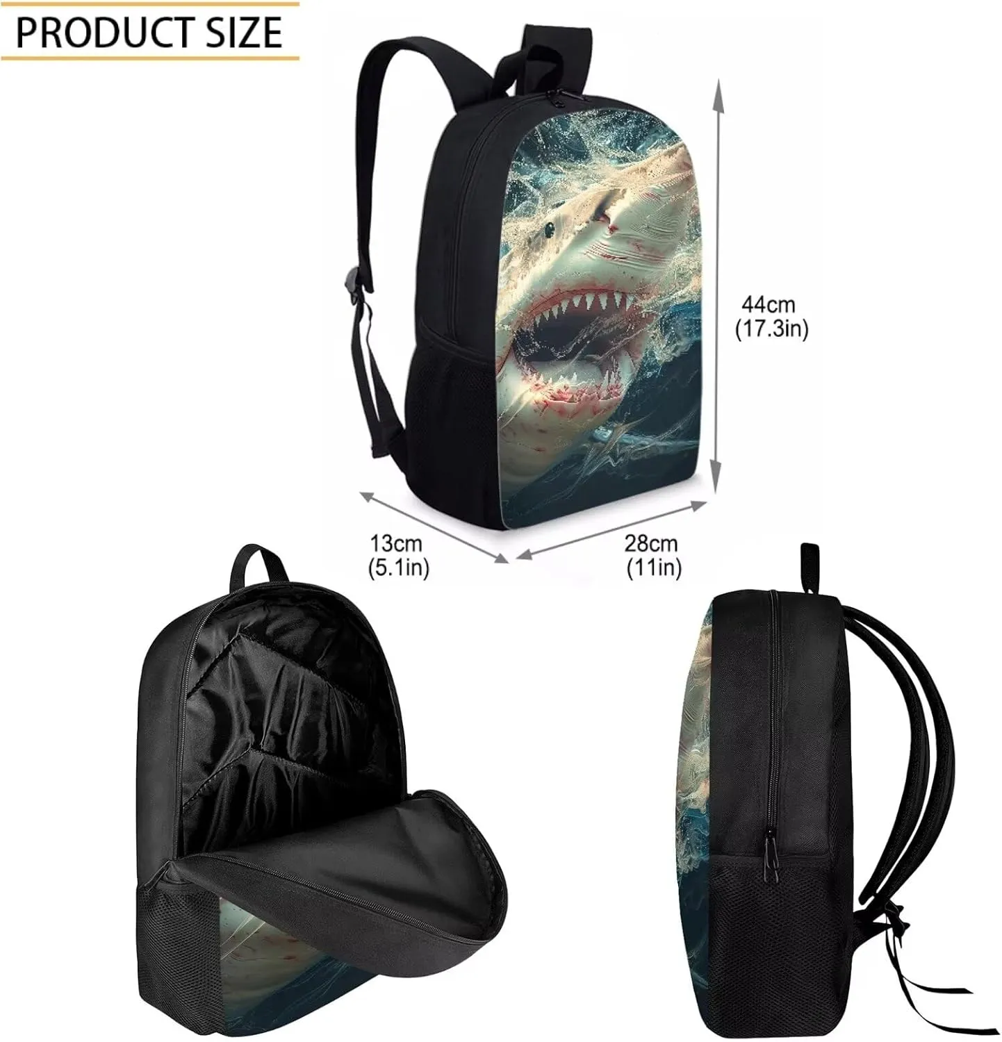 Howilath Crazy Shark Print School Backpack for Boys Backpack Set 3 Pieces with Lunchbox Pencilcase, 17 Inch Animal Backpack Childern School Bag Set Bookbag