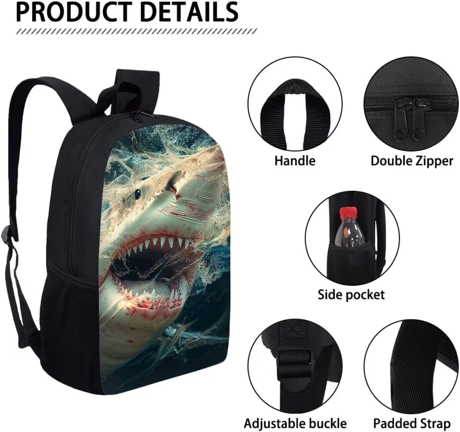Howilath Crazy Shark Print School Backpack for Boys Backpack Set 3 Pieces with Lunchbox Pencilcase, 17 Inch Animal Backpack Childern School Bag Set Bookbag
