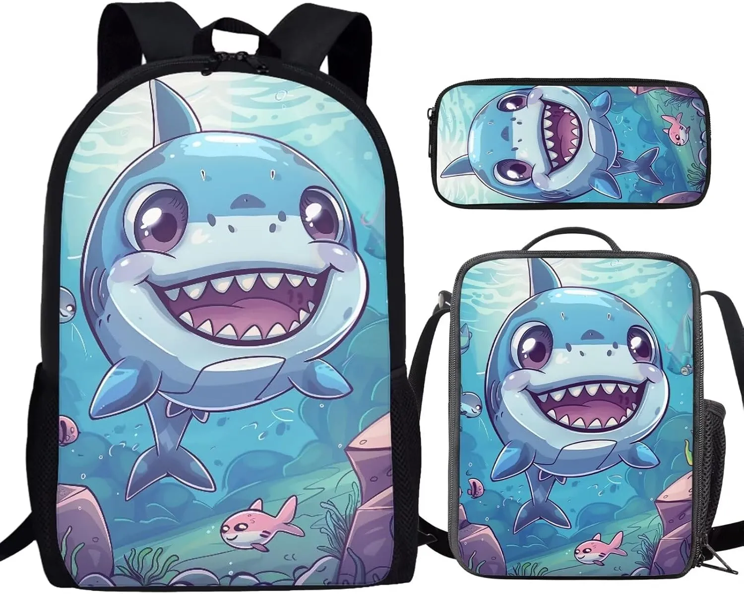 Howilath Cute Shark Baby Pattern Lightweight 17 Inch Shoulder Bag Set Adorable Funny Backpack for Teen Girls Boys with Thermal Insulated Lunchbox Pencil Case
