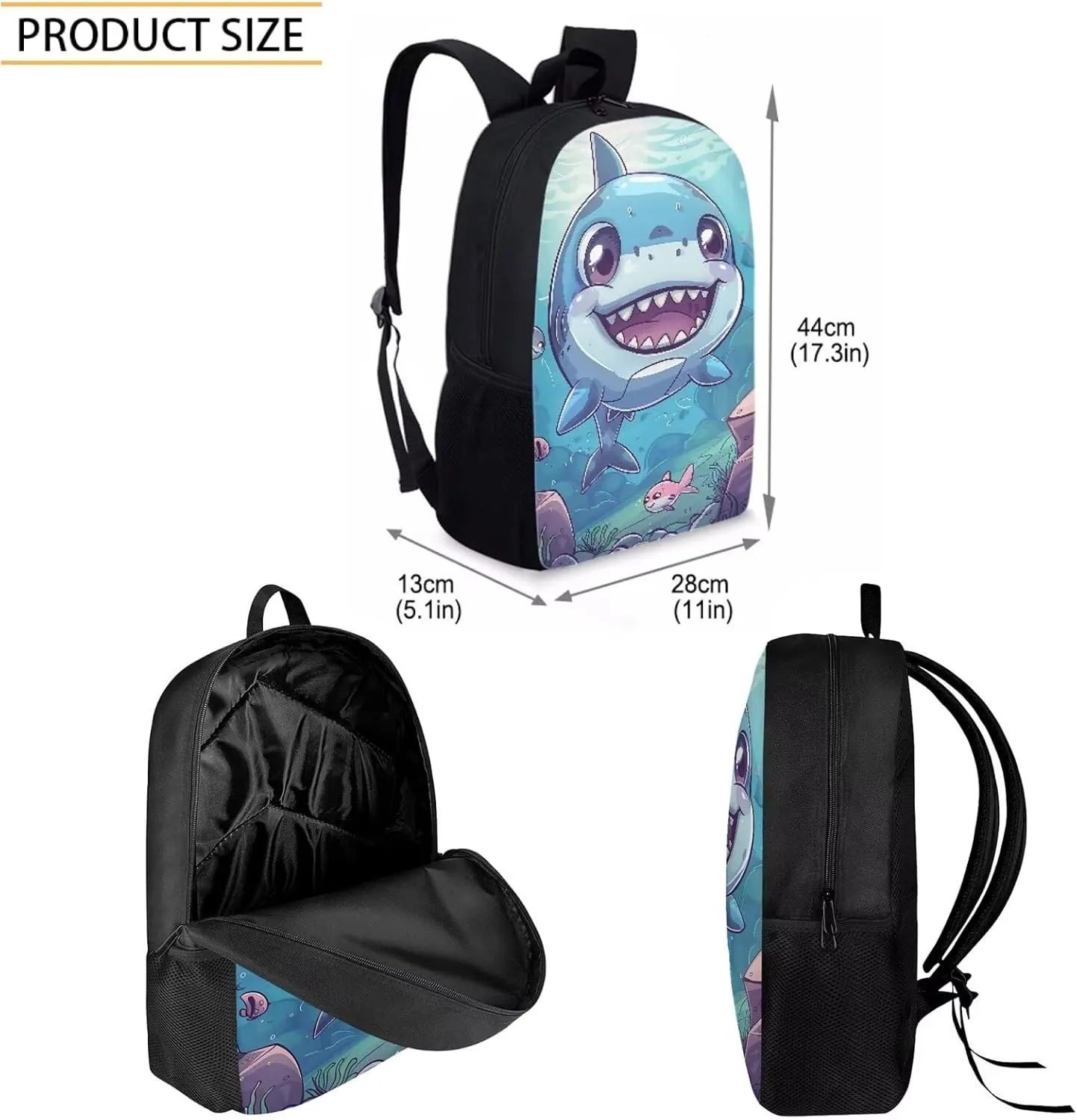 Howilath Cute Shark Baby Pattern Lightweight 17 Inch Shoulder Bag Set Adorable Funny Backpack for Teen Girls Boys with Thermal Insulated Lunchbox Pencil Case