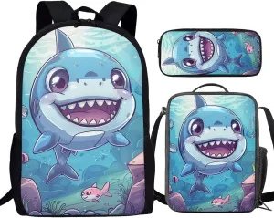 Howilath Cute Shark Baby Pattern Lightweight 17 Inch Shoulder Bag Set Adorable Funny Backpack for Teen Girls Boys with Thermal Insulated Lunchbox Pencil Case