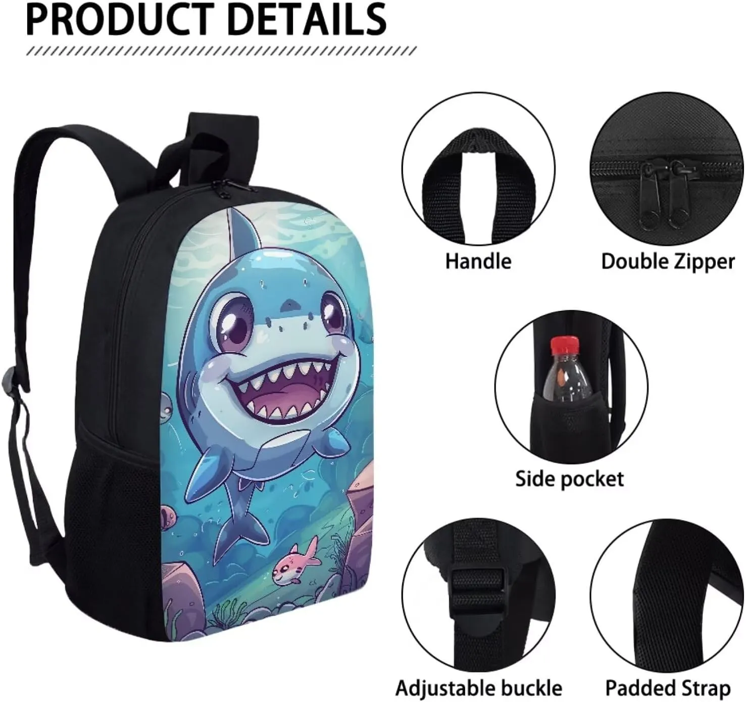 Howilath Cute Shark Baby Pattern Lightweight 17 Inch Shoulder Bag Set Adorable Funny Backpack for Teen Girls Boys with Thermal Insulated Lunchbox Pencil Case